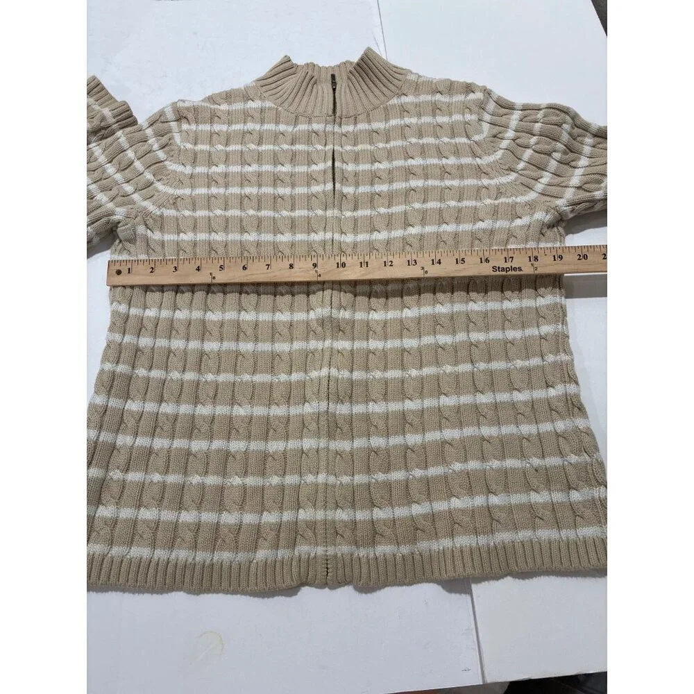 L.L.Bean womens tan white striped cable knit full-zip sweater cardigan cotton Xl